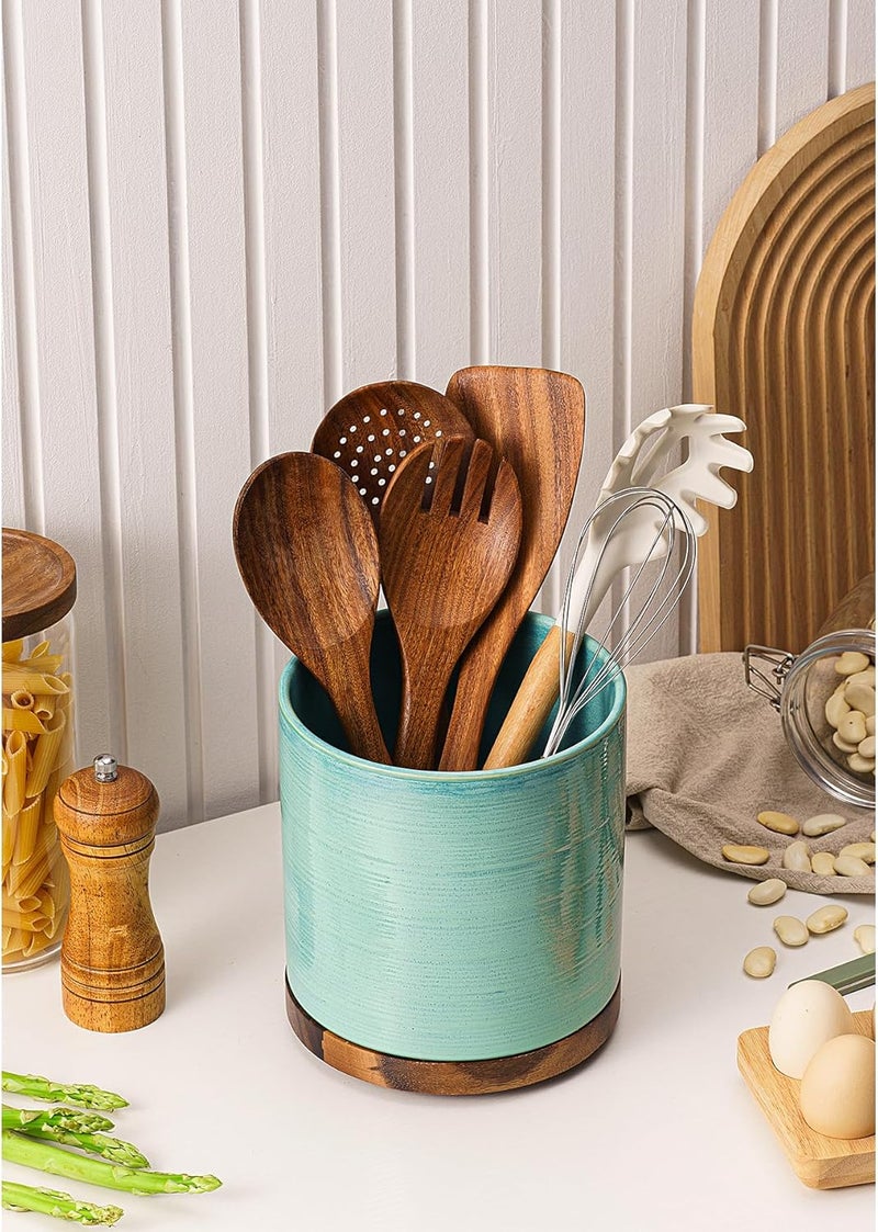 MIKIGEY Utensil Holder, 360° Rotating Extra Large Ceramic Kitchen Utensil Holder for Countertop, Cooking Utensil Crocks for Counter with Rotatable Wooden Base, Farmhouse Kitchen Decor, Green - Image 5